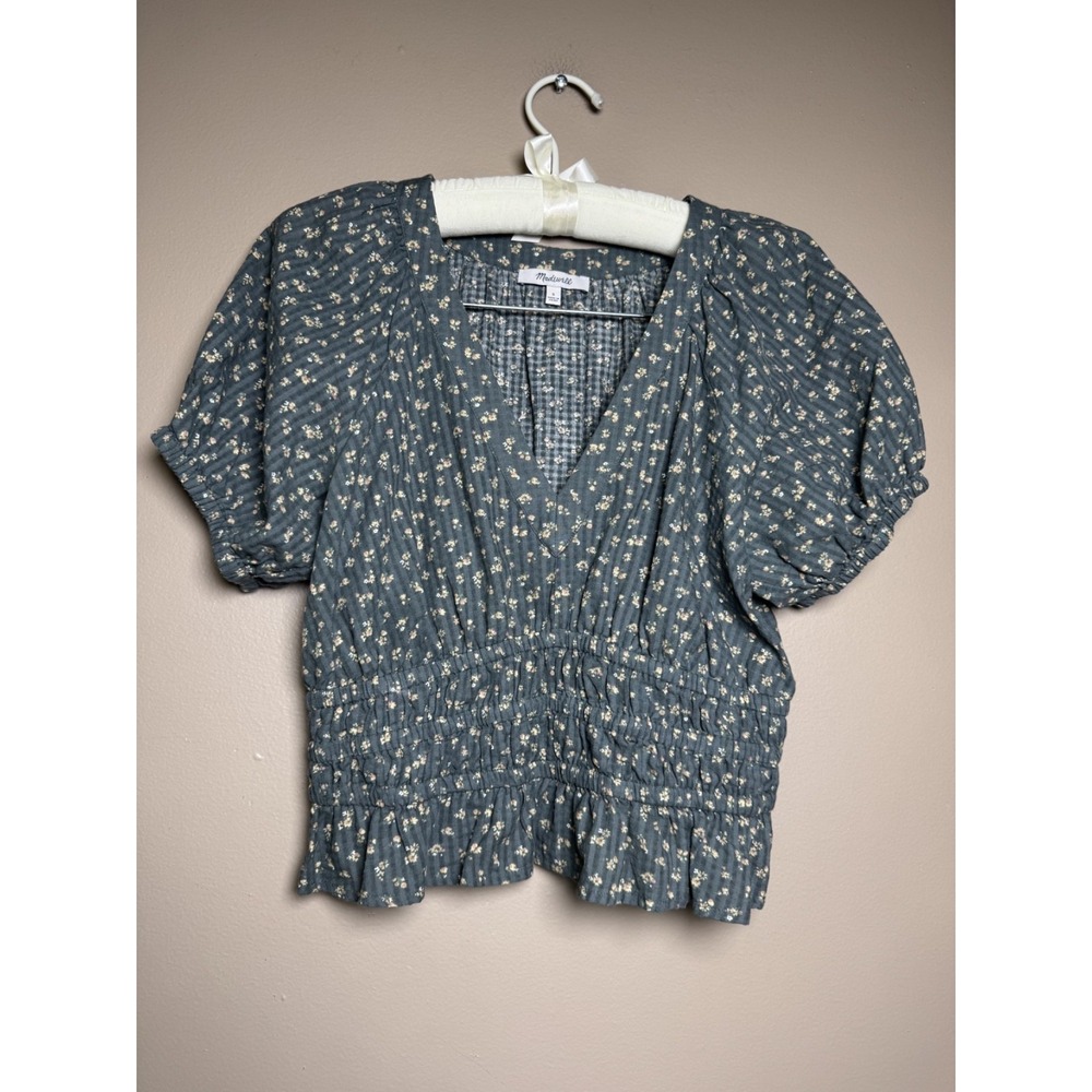 Madewell Poplin Puff-Sleeve Smocked Crop Top in Bitsy Bouquet Size S